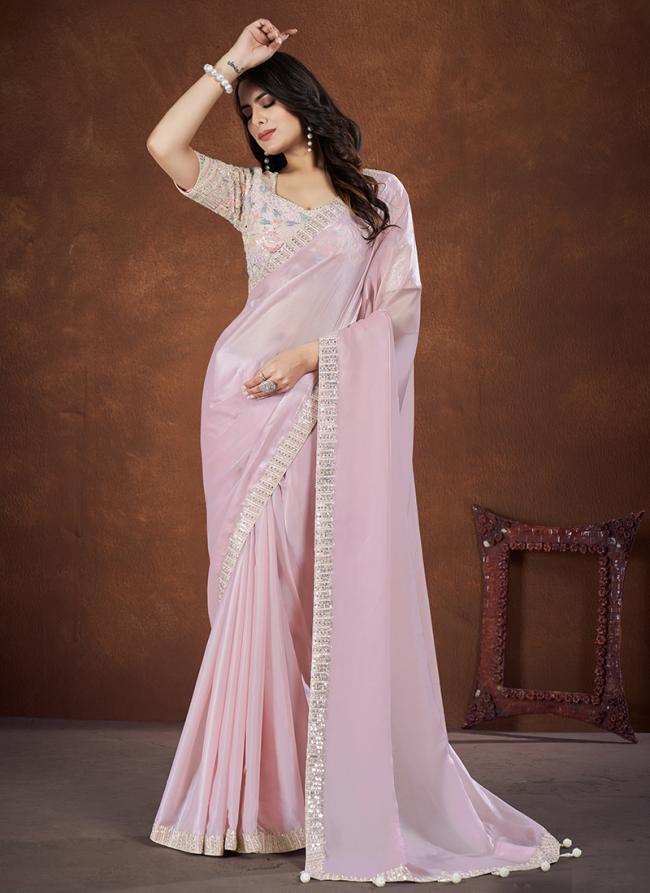 Banarasi Crush Silk Baby Pink Party Wear Sequence Work Saree